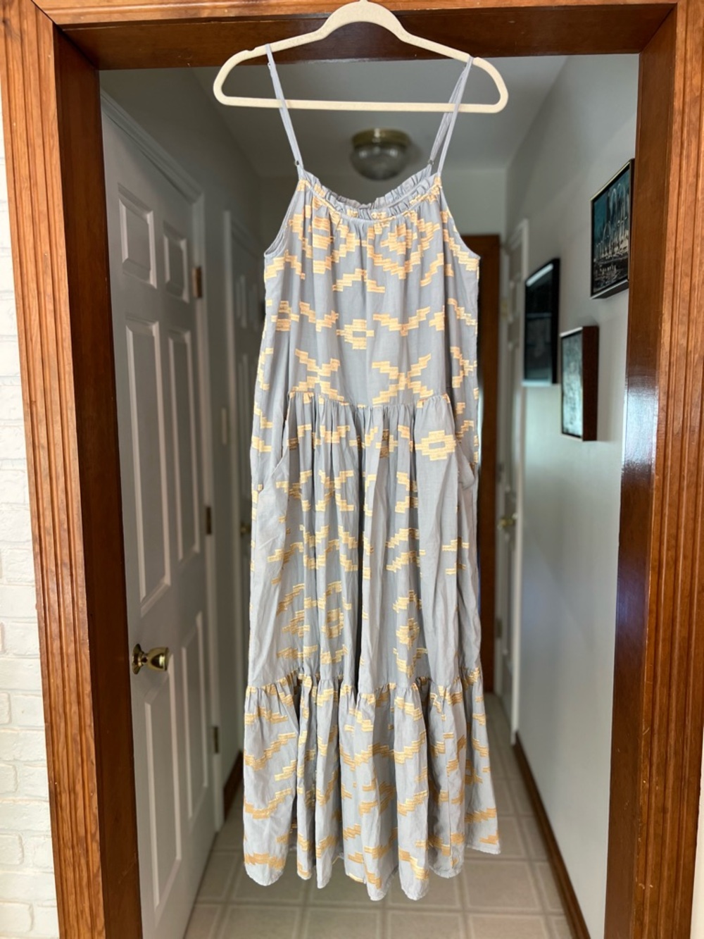 Greek Archaic Kori  Light Blue & Gold Embroidered Maxi Dress With Pockets